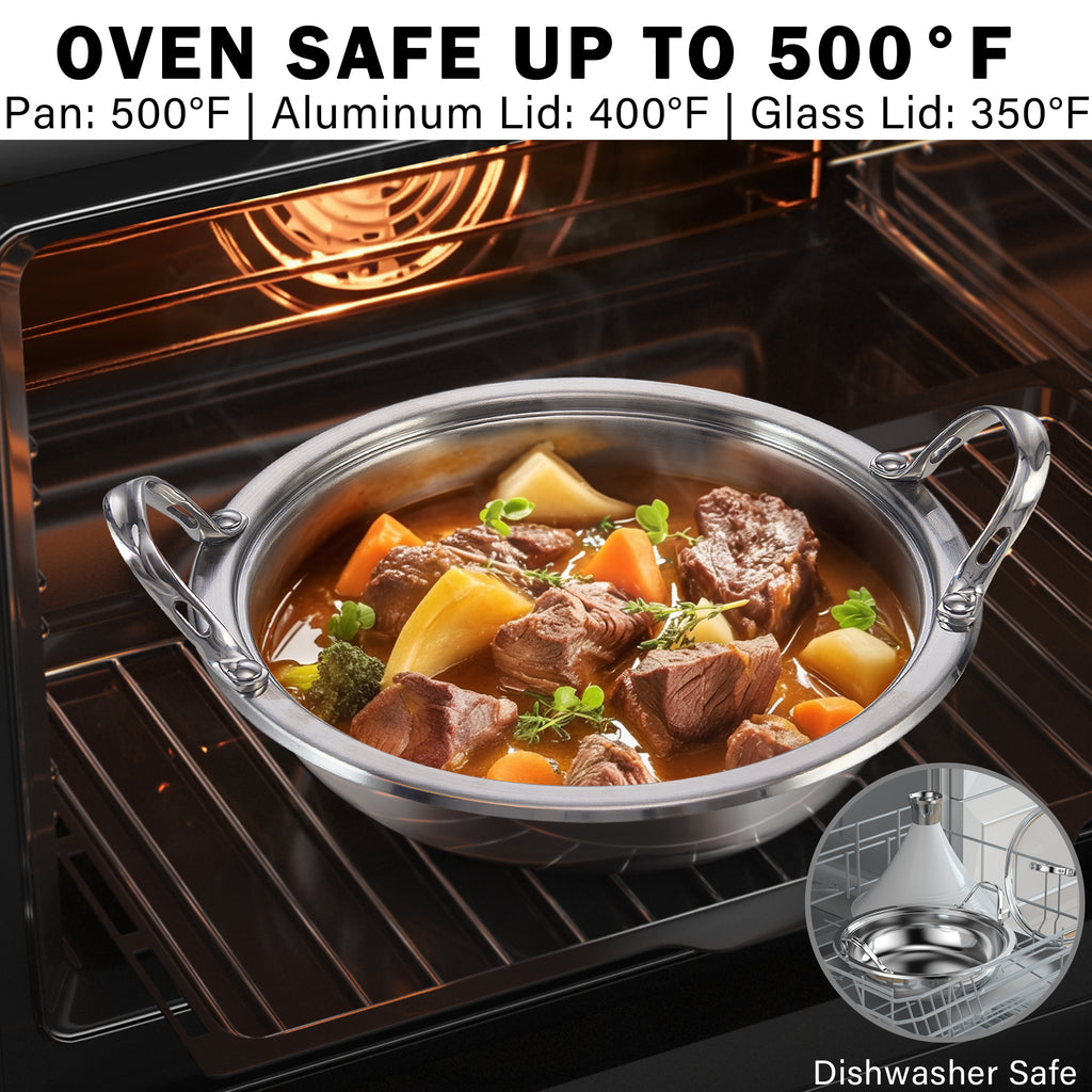 Cooks Standard Moroccan Tagine Pot, 3.6 Qt Multi-Ply Clad Stainless Steel Pan with Dual Handles, Clay Pot Alternative for Slow Cooking, Cone-Shaped Die-Cast Aluminum Lid & Extra Glass Lid, White