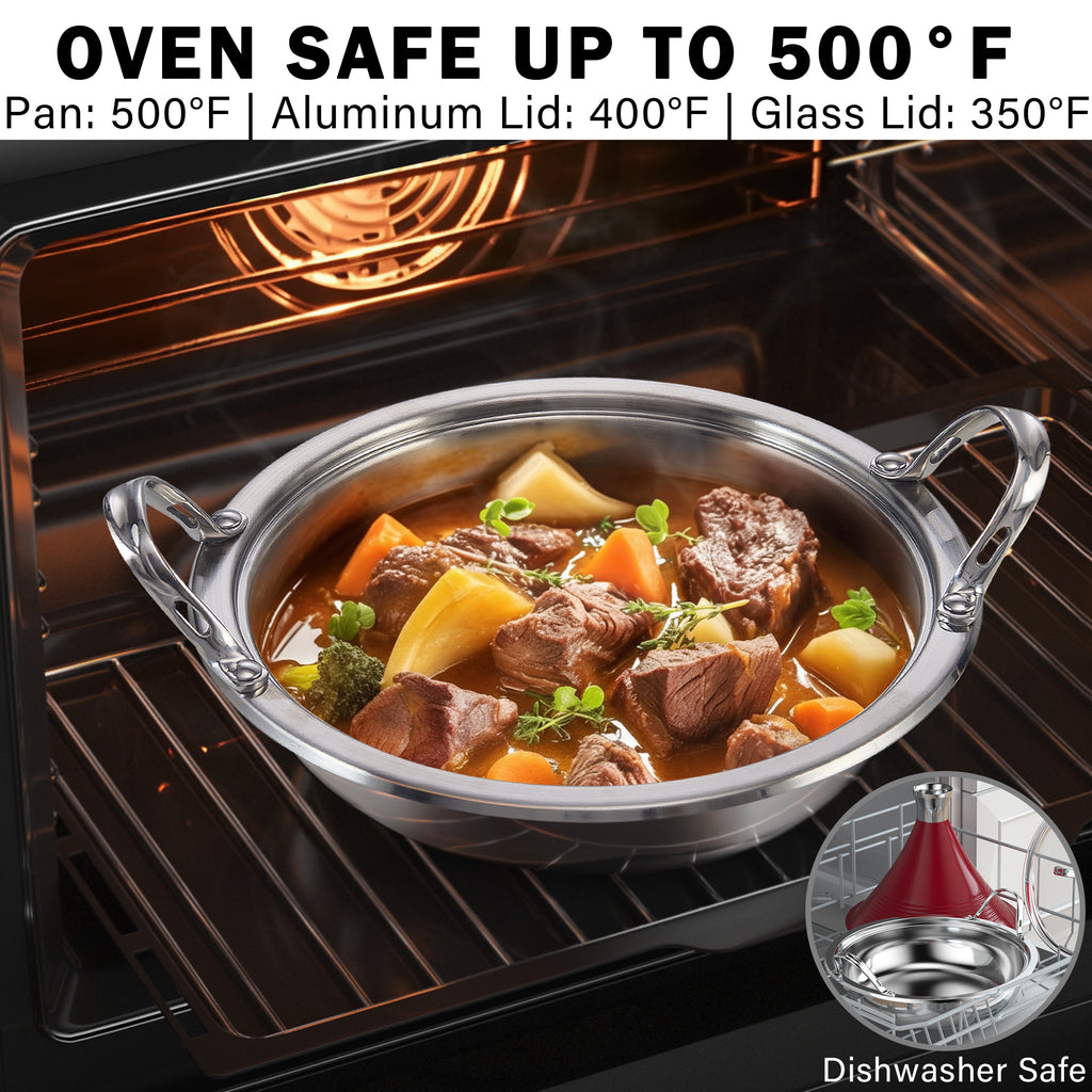 Cooks Standard Moroccan Tagine Pot, 3.6 Qt Multi-Ply Clad Stainless Steel Pan with Dual Handles, Clay Pot Alternative for Slow Cooking, Cone-Shaped Die-Cast Aluminum Lid & Extra Glass Lid, Red