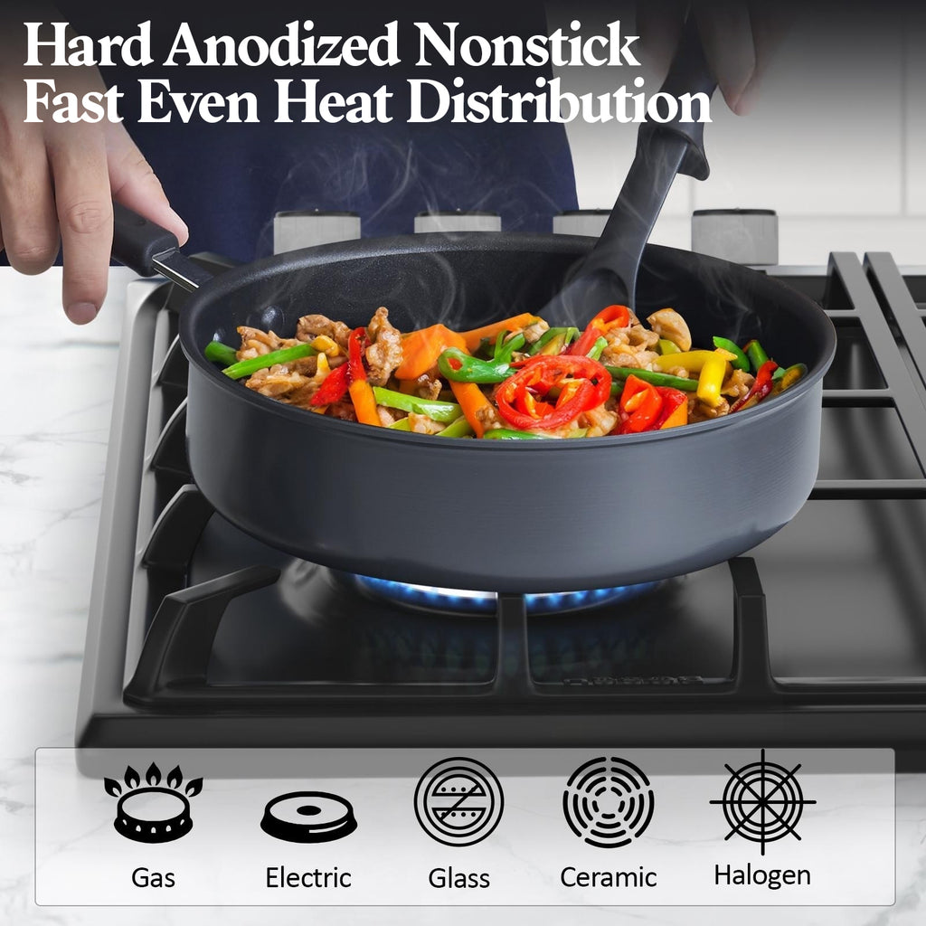 Cook N Home Pots and Pans Set Nonstick Professional Hard Anodized Cookware Sets 12-Piece , Dishwasher Safe with Stay-Cool Handles, Black