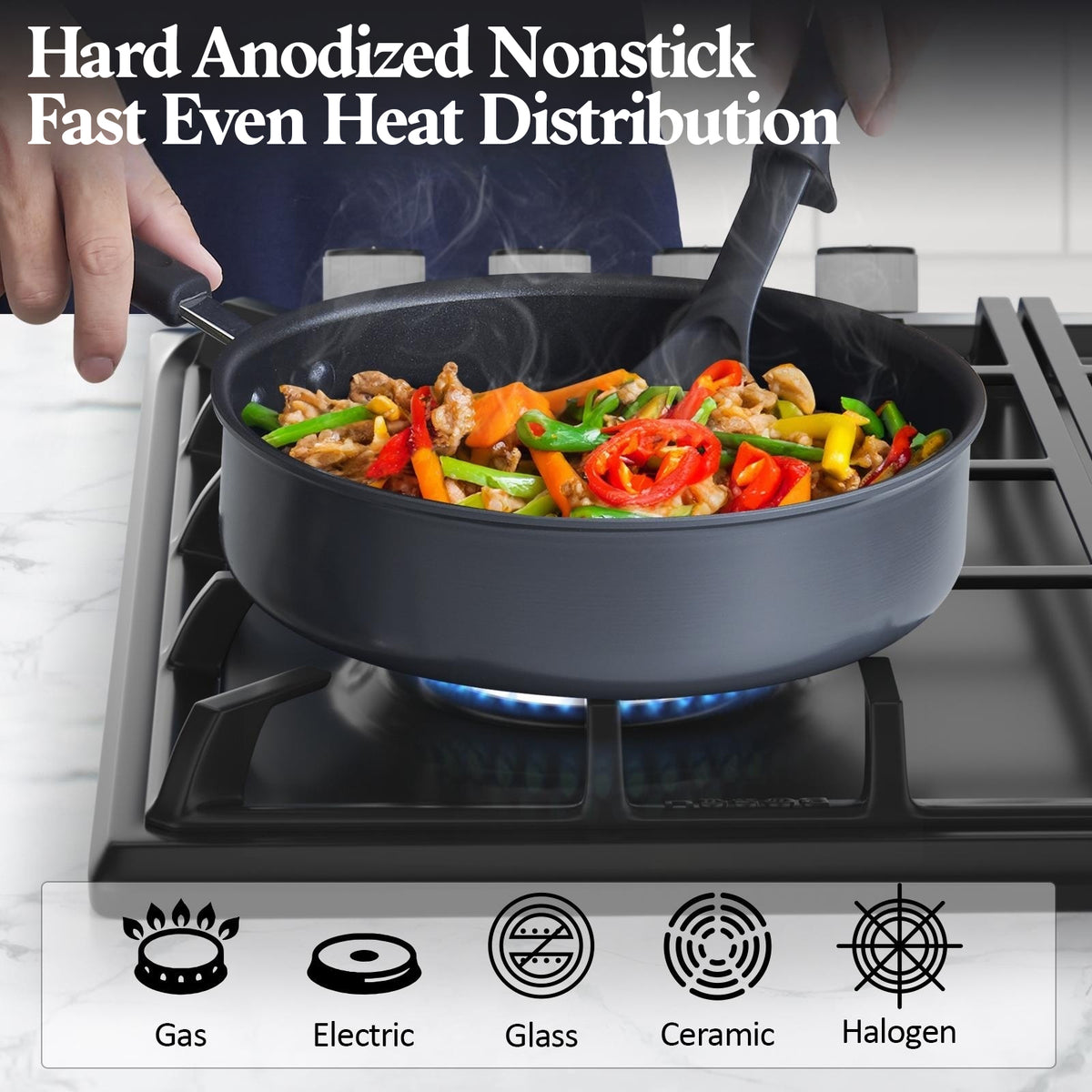 Cook N Home Pots and Pans Set Nonstick Professional Hard Anodized Cookware Sets 12-Piece , Dishwasher Safe with Stay-Cool Handles, Black