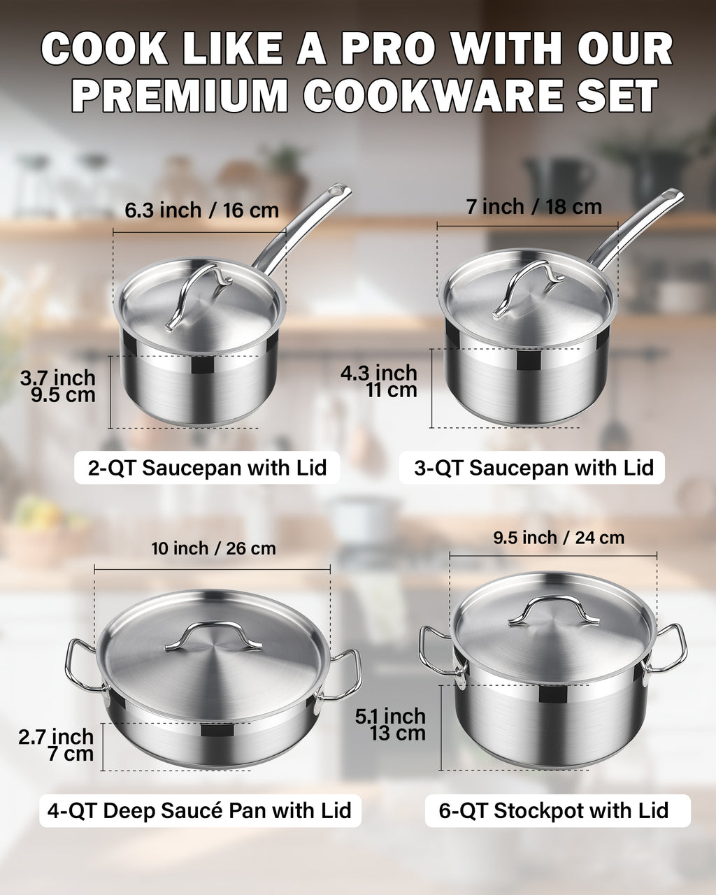 Cooks Standard 8-Piece Stainless Steel Cookware Set with Lids, Induction Compatible