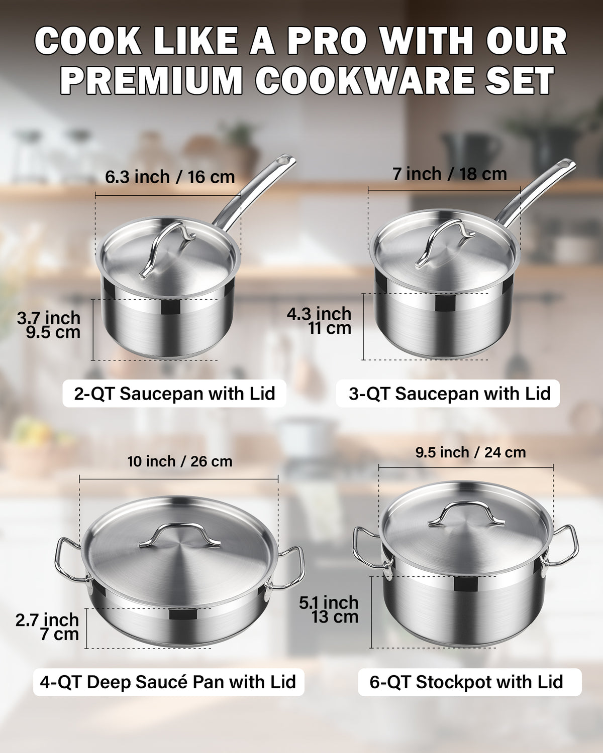 Cooks Standard 8-Piece Stainless Steel Cookware Set with Lids, Induction Compatible