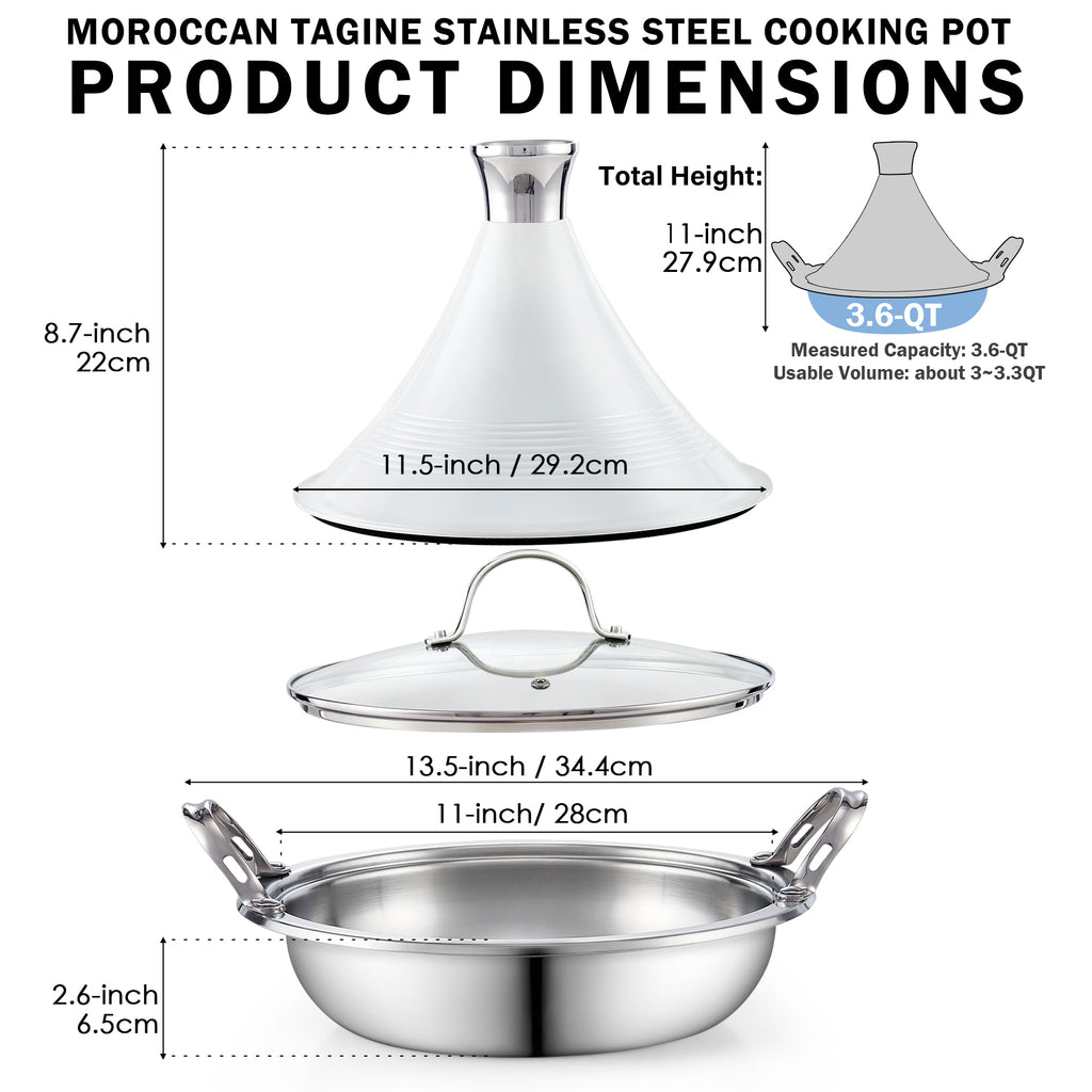 Cooks Standard Moroccan Tagine Pot, 3.6 Qt Multi-Ply Clad Stainless Steel Pan with Dual Handles, Clay Pot Alternative for Slow Cooking, Cone-Shaped Die-Cast Aluminum Lid & Extra Glass Lid, White