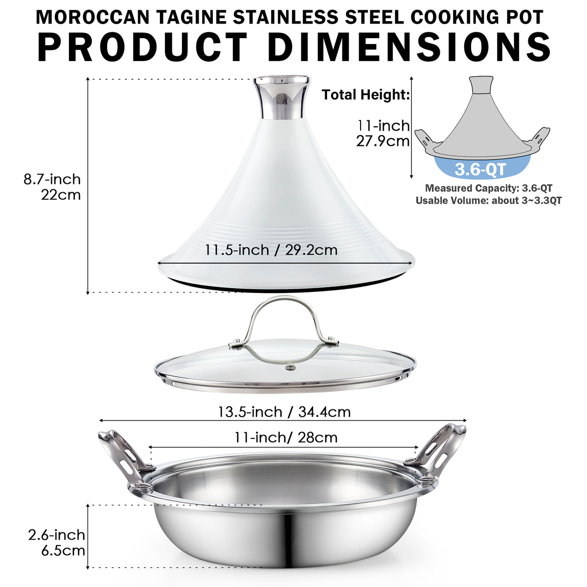 Cooks Standard Moroccan Tagine Pot, 3.6 Qt Multi-Ply Clad Stainless Steel Pan with Dual Handles, Clay Pot Alternative for Slow Cooking, Cone-Shaped Die-Cast Aluminum Lid & Extra Glass Lid, White