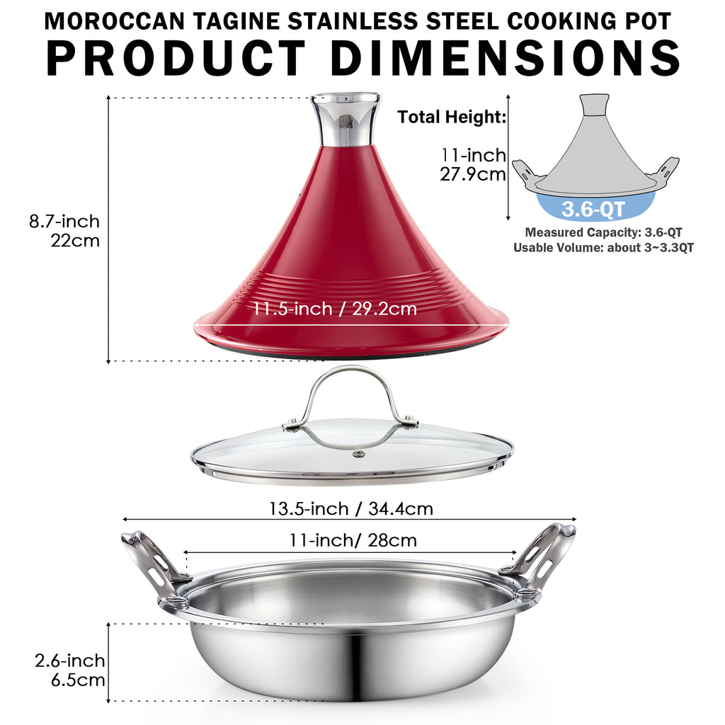 Cooks Standard Moroccan Tagine Pot, 3.6 Qt Multi-Ply Clad Stainless Steel Pan with Dual Handles, Clay Pot Alternative for Slow Cooking, Cone-Shaped Die-Cast Aluminum Lid & Extra Glass Lid, Red