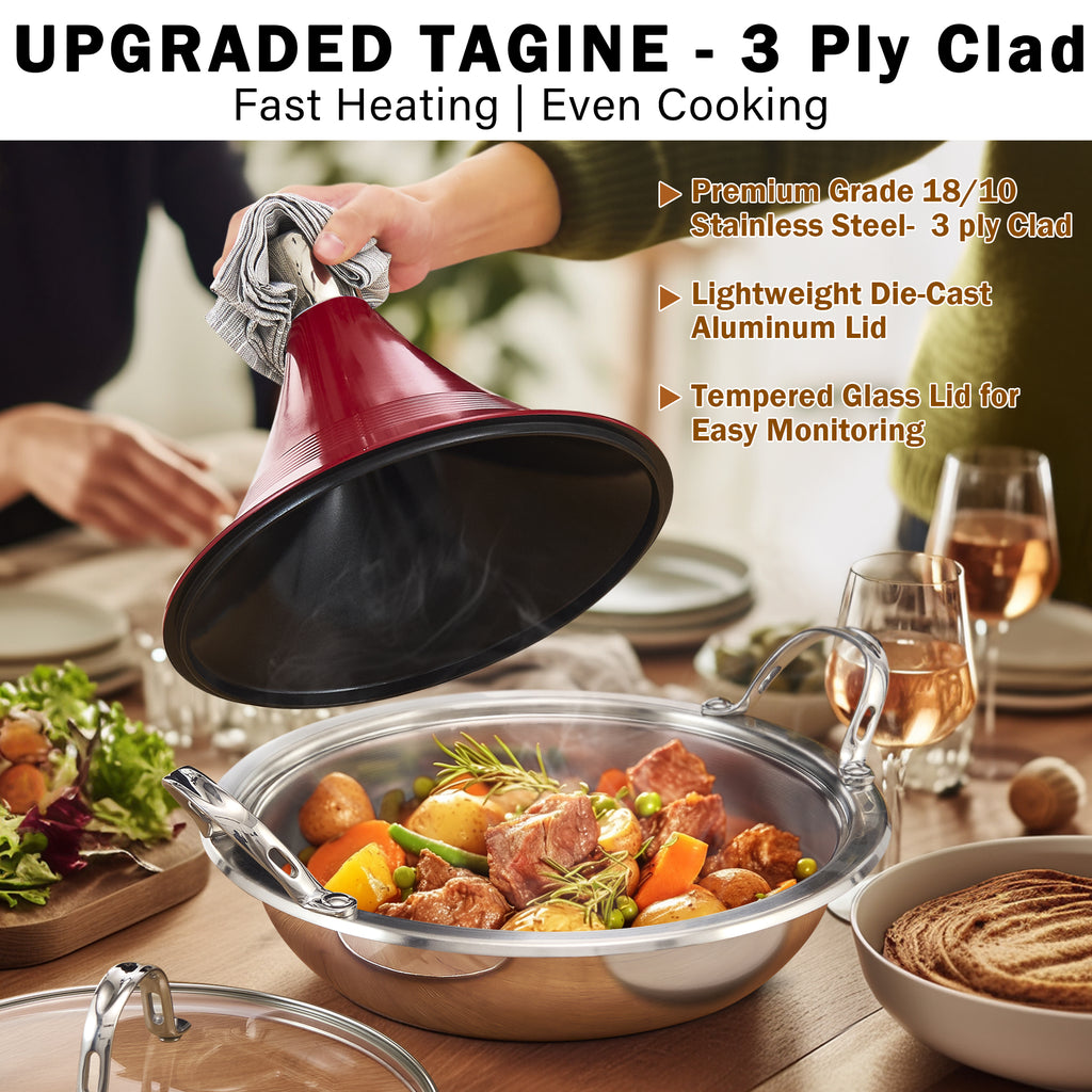 Cooks Standard Moroccan Tagine Pot, 3.6 Qt Multi-Ply Clad Stainless Steel Pan with Dual Handles, Clay Pot Alternative for Slow Cooking, Cone-Shaped Die-Cast Aluminum Lid & Extra Glass Lid, Red