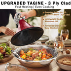 Cooks Standard Moroccan Tagine Pot, 3.6 Qt Multi-Ply Clad Stainless Steel Pan with Dual Handles, Clay Pot Alternative for Slow Cooking, Cone-Shaped Die-Cast Aluminum Lid & Extra Glass Lid, Red