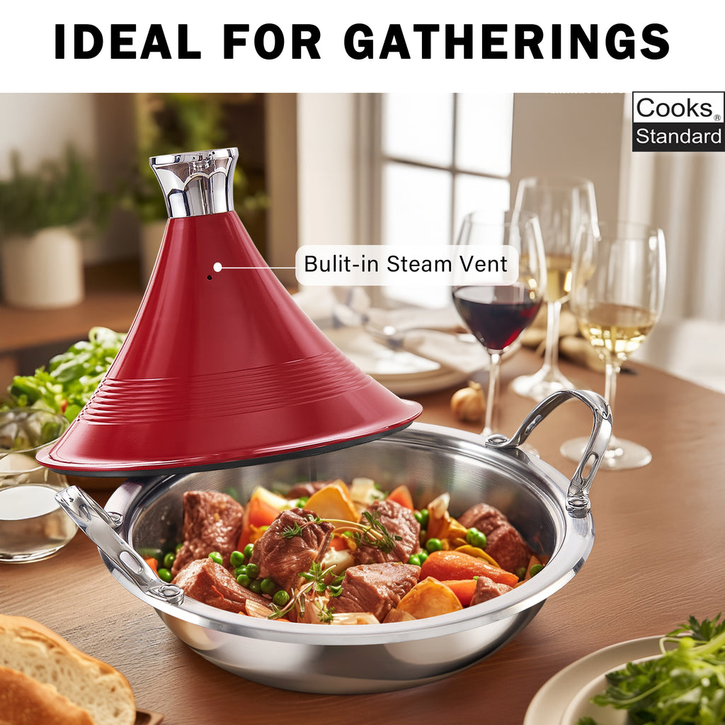 Cooks Standard Moroccan Tagine Pot, 3.6 Qt Multi-Ply Clad Stainless Steel Pan with Dual Handles, Clay Pot Alternative for Slow Cooking, Cone-Shaped Die-Cast Aluminum Lid & Extra Glass Lid, Red
