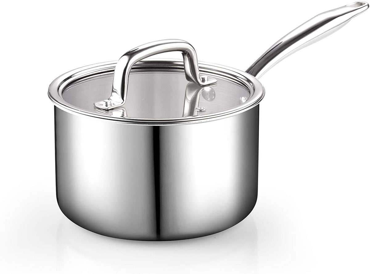 Cook N Home Stainless Steel Saucepan 3 Quart, Tri-Ply Full Clad Sauce Pan with Glass Lid, Silver