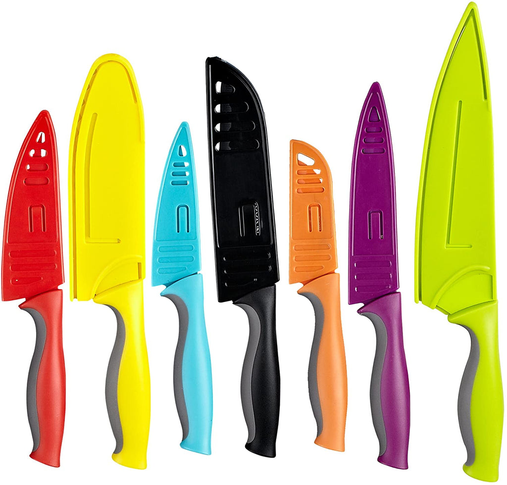 Cook N Home 14-Piece Carbon Stainless Steel Knife Set with 7 Sheaths, Color Coded, Multicolor