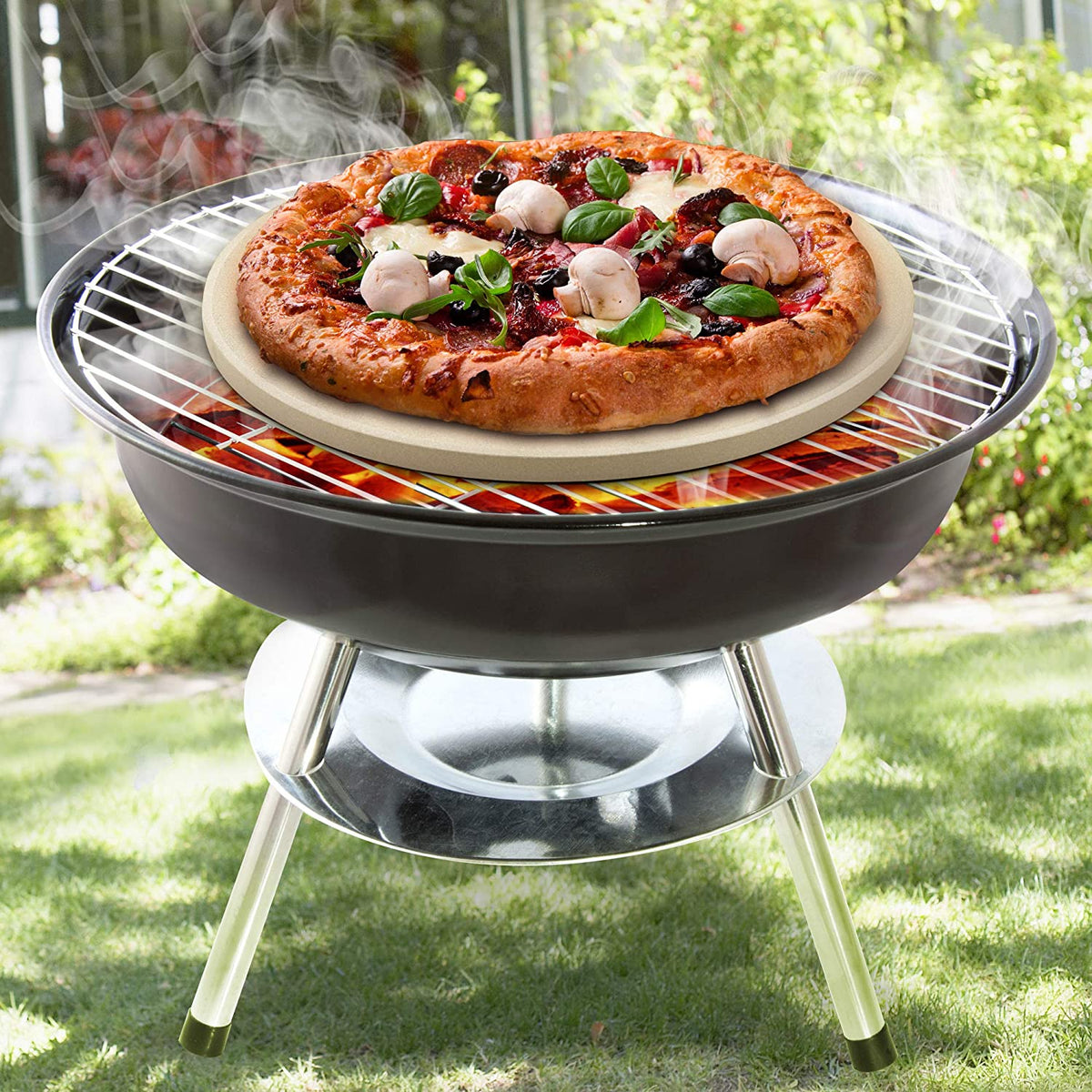 Cook N Home 02661 Pizza Grilling Baking Stone with Scraper, 14-Inch Round Heavy Duty Cordierite Bread Stone for Oven and Grill, Thermal Shock Resistant Ideal for Baking Golden Crisp Crust Pizza