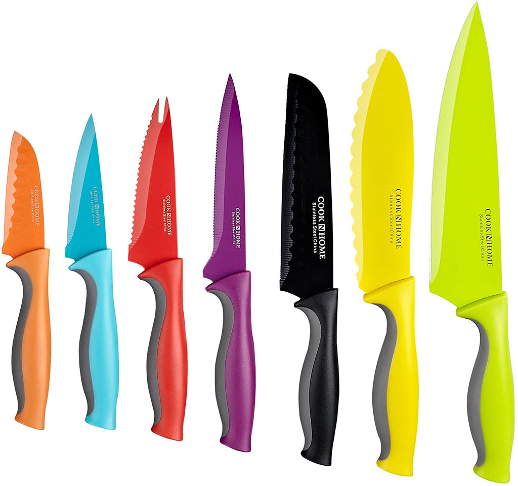 Cook N Home 14-Piece Carbon Stainless Steel Knife Set with 7 Sheaths, Color Coded, Multicolor