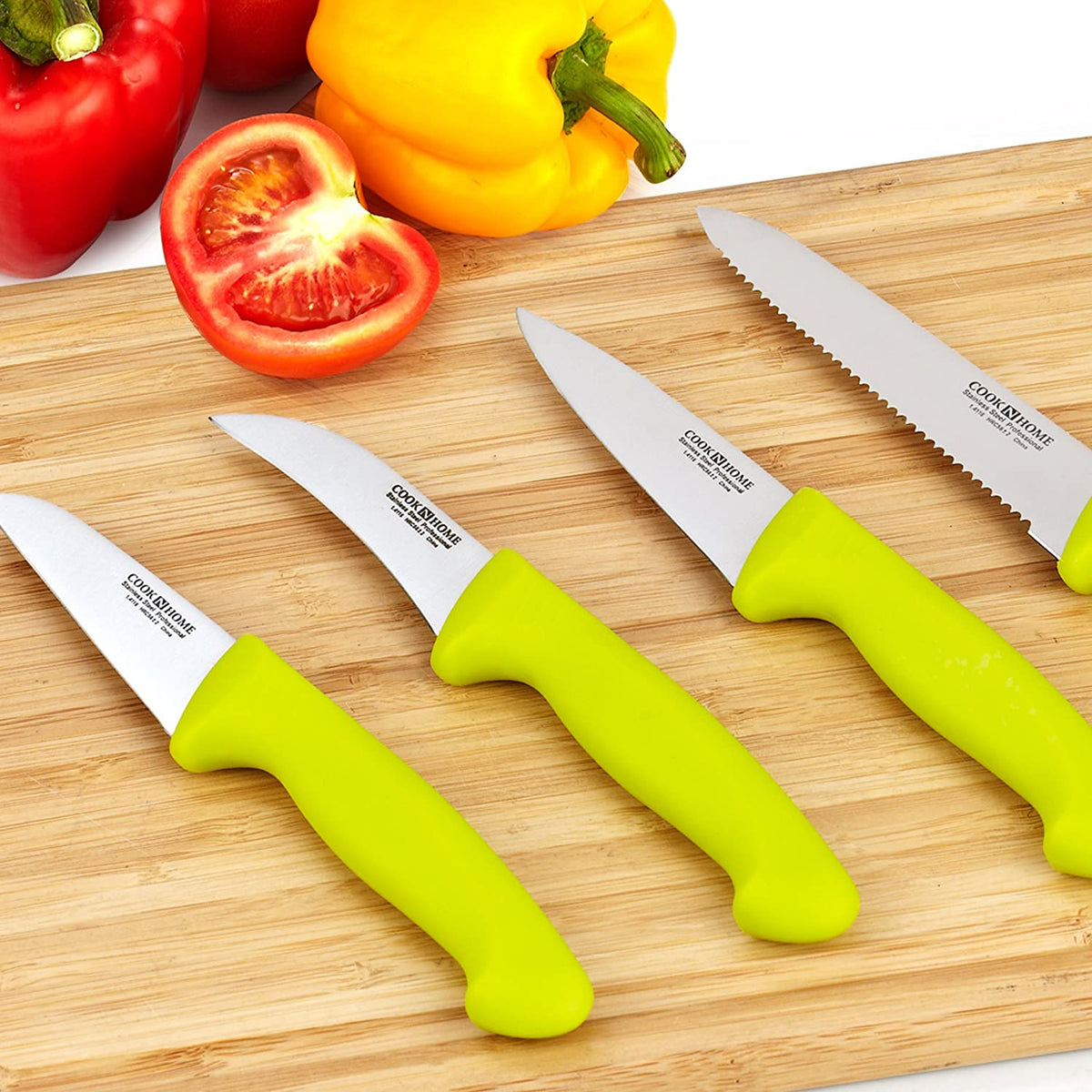 Cook N Home Paring Knife Set 4-Piece, High Carbon German Stainless Steel Kitchen Knives, Includes-Utility, Paring, Vegetable, Peeling Knife, Ergonomic Handle, Green