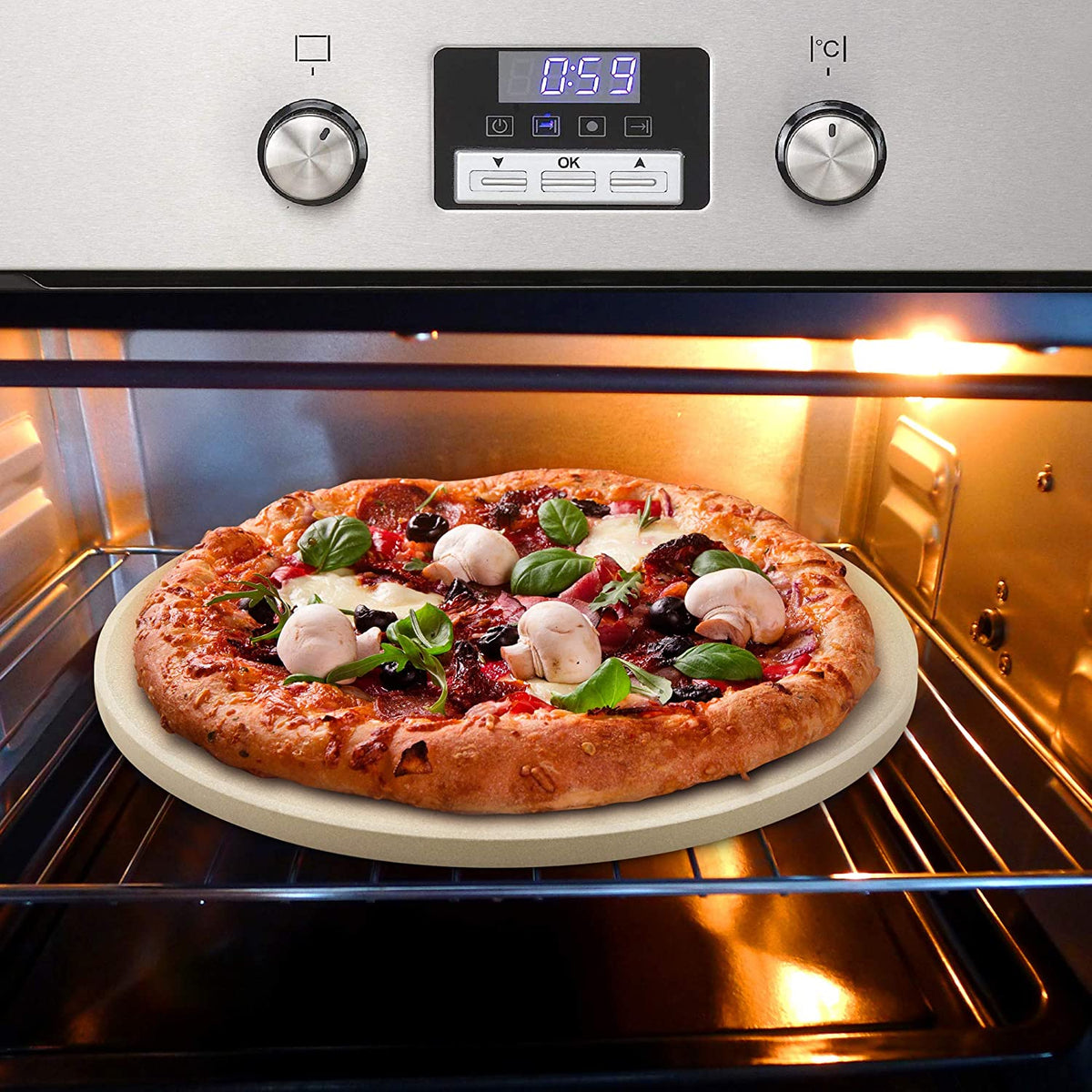Cook N Home 02661 Pizza Grilling Baking Stone with Scraper, 14-Inch Round Heavy Duty Cordierite Bread Stone for Oven and Grill, Thermal Shock Resistant Ideal for Baking Golden Crisp Crust Pizza