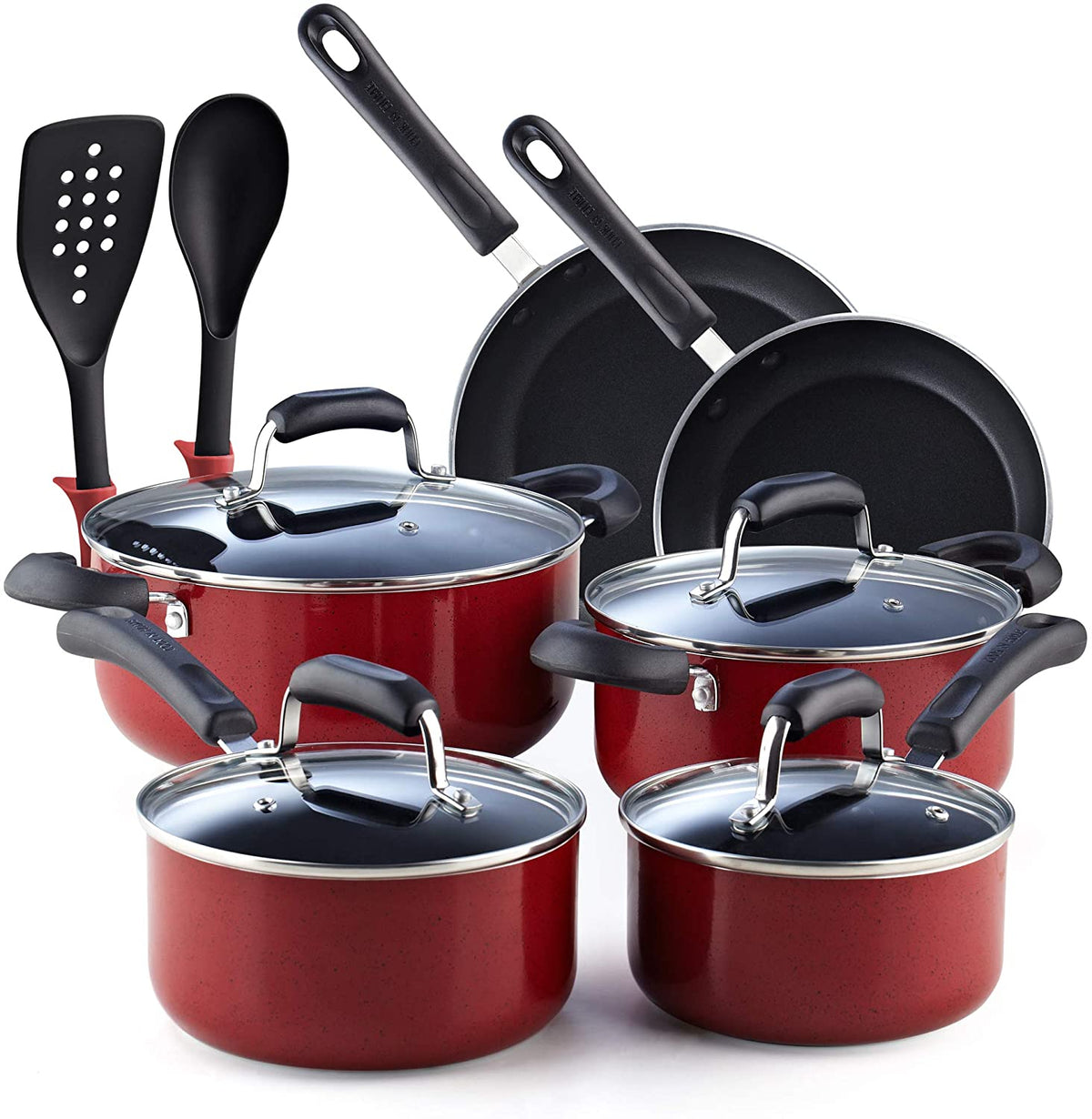 Cook N Home 12-Piece Nonstick Cookware Set, Pots and Pans, Induction Compatible, Marble Red