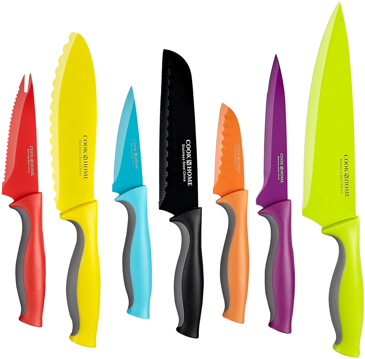 Cook N Home 14-Piece Carbon Stainless Steel Knife Set with 7 Sheaths, Color Coded, Multicolor