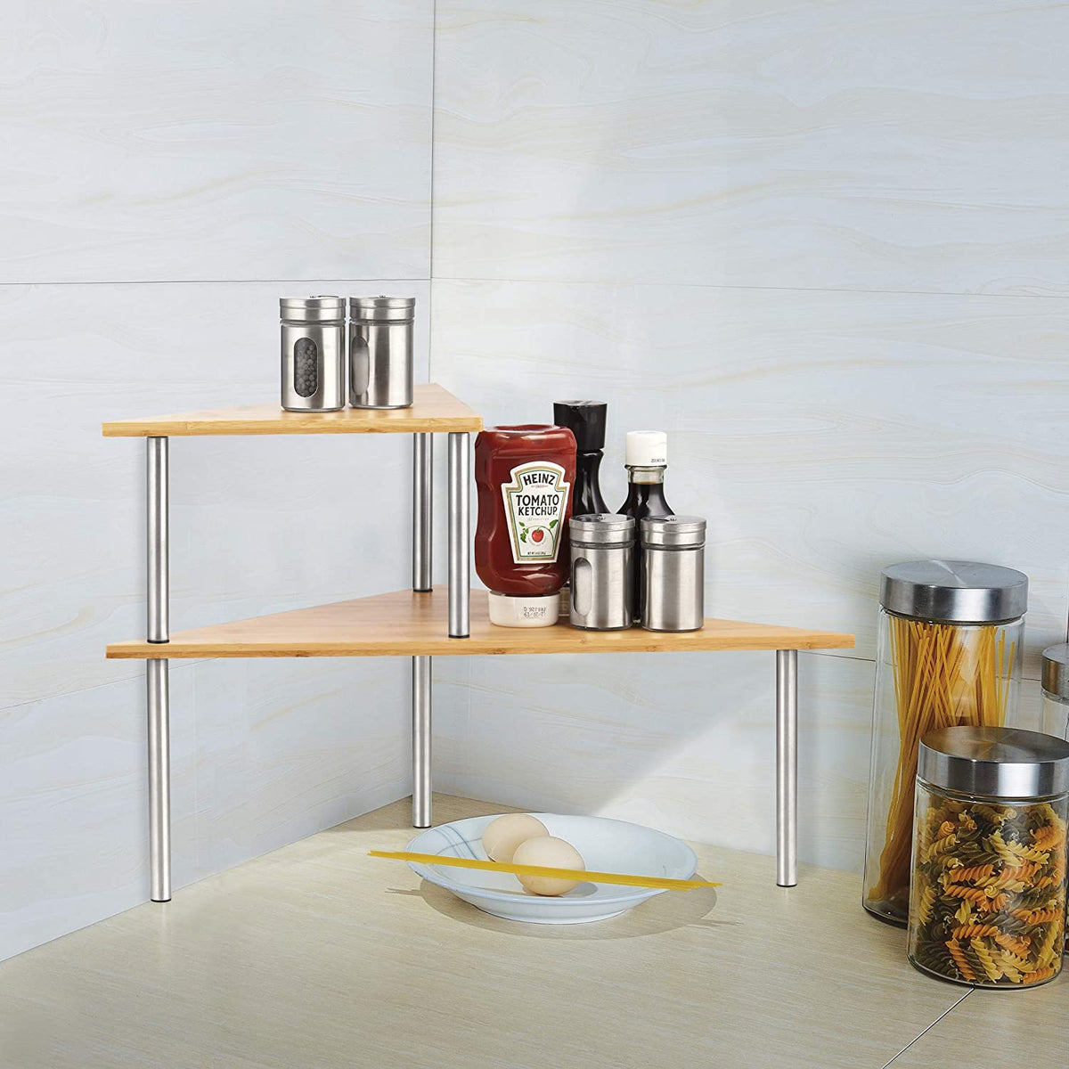 Cook N Home 02649 Corner Storage Shelf Organizer, 2 Tier, Bamboo