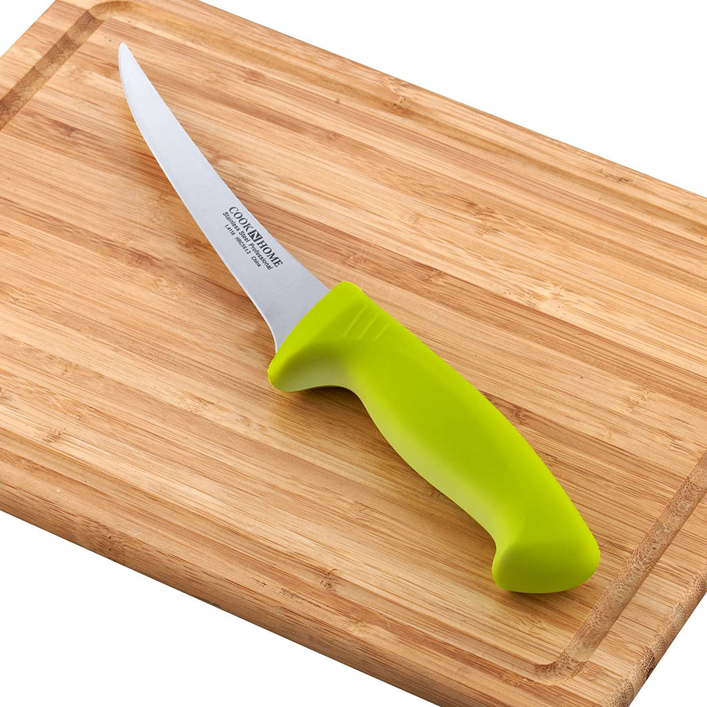 Cook N Home Boning Knife Set 2-Piece, 6-inch High Carbon German Stainless Steel Flexible Curved and Straight Stiff Boning Kitchen Knives, Ergonomic Handle, Green