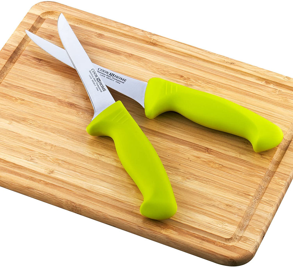 Cook N Home Boning Knife Set 2-Piece, 6-inch High Carbon German Stainless Steel Flexible Curved and Straight Stiff Boning Kitchen Knives, Ergonomic Handle, Green